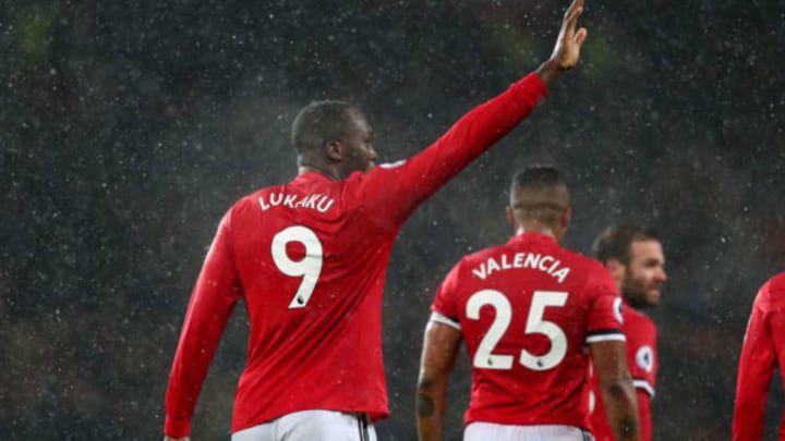 MANCHESTER, ENGLAND – DECEMBER 13: Romelu Lukaku of Manchester United celebrates after scoring his sides first goal during the Premier League match between Manchester United and AFC Bournemouth at Old Trafford on December 13, 2017 in Manchester, England. (Photo by Catherine Ivill/Getty Images)