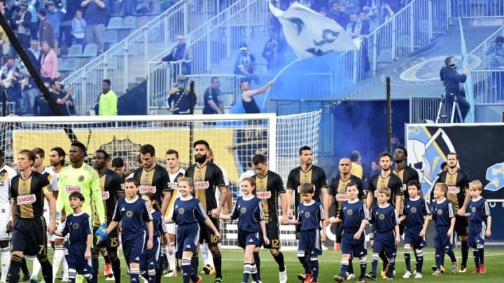 May 11, 2016; Philadelphia, PA, USA; Members of youth soccer teams walk onto the the pitch with Philadelphia Union players before game against the Los Angeles Galaxy at Talen Energy Stadium. The game ended in a 2-2 tie. Mandatory Credit: Eric Hartline-USA TODAY Sports