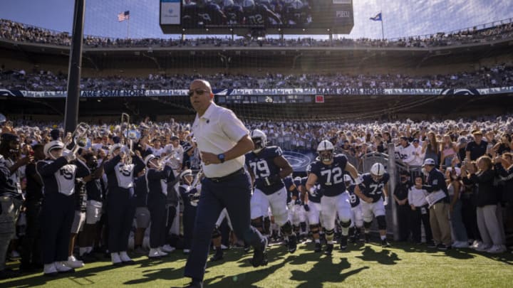 STATE COLLEGE, PA - SEPTEMBER 25: Head coach James Franklin of the Penn State Nittany Lions leads his team onto the field before the game against the Villanova Wildcats at Beaver Stadium on September 25, 2021 in State College, Pennsylvania. (Photo by Scott Taetsch/Getty Images)
