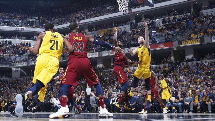 INDIANAPOLIS, IN – APRIL 22: Domantas Sabonis #11 of the Indiana Pacers goes to the basket against Tristan Thompson #13 of the Cleveland Cavaliers in the first half of game four of the NBA Playoffs at Bankers Life Fieldhouse on April 22, 2018 in Indianapolis, Indiana. NOTE TO USER: User expressly acknowledges and agrees that, by downloading and or using the photograph, User is consenting to the terms and conditions of the Getty Images License Agreement. (Photo by Joe Robbins/Getty Images)
