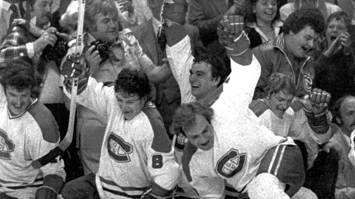 MONTREAL, QC – MAY 21: Guy Lafleur #10 of the Montreal Canadiens leads the celebration as teammates Yvon Lambert #11, Doug Risebrough #8, Mario Tremblay #14 and Pierre Mondou #6 join in after defeating the New York Rangers in Game 5 of the 1979 Stanley Cup Finals on May 21, 1979 at the Montreal Forum in Montreal, Quebec, Canada. (Photo by B Bennett/Getty Images)