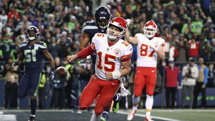 SEATTLE, WA - DECEMBER 23: Quarterback Patrick Mahomes #15 of the Kansas City Chiefs rushes up the middle for a two point conversion during the fourth quarter of the game against the Seattle Seahawks at CenturyLink Field on December 23, 2018 in Seattle, Washington. (Photo by Abbie Parr/Getty Images)