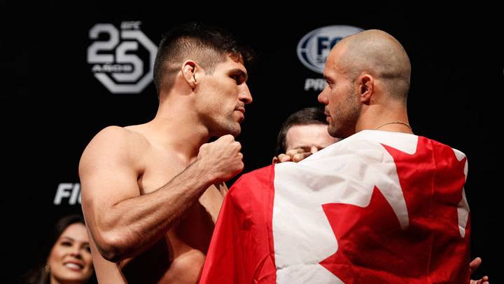 SANTIAGO, CHILE - MAY 18: Vicente Luque (L) of the United States and Chad Laprise of Canada face off during during the UFC Fight Night weigh-in at Movistar Arena on May 18, 2018 in Santiago, Chile. (Photo by Buda Mendes/Zuffa LLC/Zuffa LLC via Getty Images)