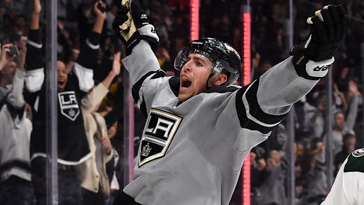 Jan 7, 2017; Los Angeles, CA, USA; Los Angeles Kings left wing Tanner Pearson (70) celebrates his overtime goal to defeat against the Minnesota Wild 4-3 at Staples Center. Mandatory Credit: Jayne Kamin-Oncea-USA TODAY Sports