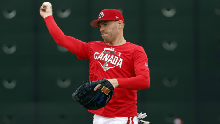 MESA, ARIZONA - MARCH 07: Freddie Freeman #5 of Team Canada works out ahead of the World Baseball Classic at Sloan Park on March 07, 2023 in Mesa, Arizona. (Photo by Chris Coduto/Getty Images)