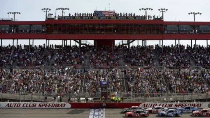 Mar 22, 2015; Fontana, CA, USA; A general view of the finish line during the Auto Club 400 at Auto Club Speedway. Mandatory Credit: Kelvin Kuo-USA TODAY Sports
