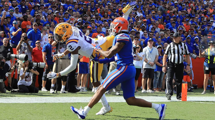GAINESVILLE, FL – OCTOBER 06: Justin Jefferson #2 of the LSU Tigers attempts a reception while being defended by CJ Henderson #5 of the Florida Gators during the game at Ben Hill Griffin Stadium on October 6, 2018, in Gainesville, Florida. (Photo by Sam Greenwood/Getty Images)