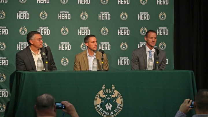 OSHKOSH, WI - AUGUST 11: Wisconsin Herd president Steve Brandes (left) introduces Herd general manager Dave Dean (center) and head coach Jordan Brady (right) during a press conference at the Oshkosh Convention Center on August 11, 2017 in Milwaukee, Wisconsin. NOTE TO USER: User expressly acknowledges and agrees that, by downloading and or using this Photograph, user is consenting to the terms and conditions of the Getty Images License Agreement. Mandatory Copyright Notice: Copyright 2017 NBAE (Photo by Gary Dineen/NBAE via Getty Images)