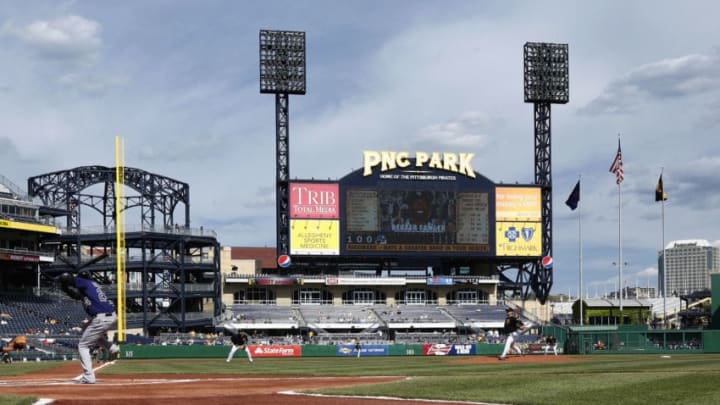 PITTSBURGH, PA - APRIL 25: General view of the stadium and scoreboard from field level during the game between the Pittsburgh Pirates and Colorado Rockies at PNC Park on April 25, 2012 in Pittsburgh, Pennsylvania. The Pirates won 5-1 in the second game of a doubleheader. (Photo by Joe Robbins/Getty Images)