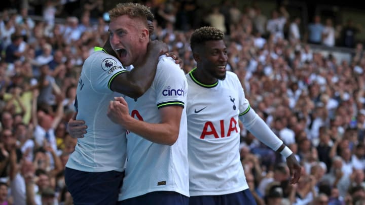 Tottenham Hotspur's Swedish midfielder Dejan Kulusevski (C) celebrates with teammates after scoring their fourth goal during the English Premier League football match between Tottenham Hotspur and Southampton at Tottenham Hotspur Stadium in London, on August 6, 2022. - . (Photo by CHRIS RADBURN/AFP via Getty Images)