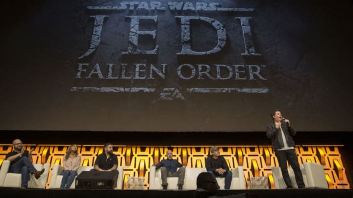 CHICAGO, IL - APRIL 13: Steve Blank, Kasumi Shishido, Aaron Contreras, Stig Asmussen, Vince Zampella and David Collins at the panel for the 'Star Wars: Jedi Fallen Order' video game during the Star Wars Celebration at McCormick Place Convention Center on April 11, 2019 in Chicago, Illinois. (Photo by Barry Brecheisen/Getty Images)
