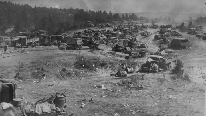 A field of abandoned vehicles in Belarus after German troops retreated from the Soviet advance.