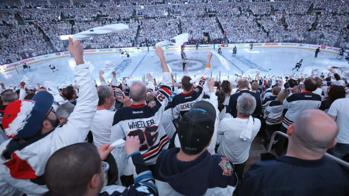 Winnipeg Jets fans bring on the ‘whiteout’ as the Winnipeg Jets took on the St. Louis Blues in Game One of the Western Conference First Round during the 2019 NHL Stanley Cup Playoffs at Bell MTS Place on April 10, 2019.