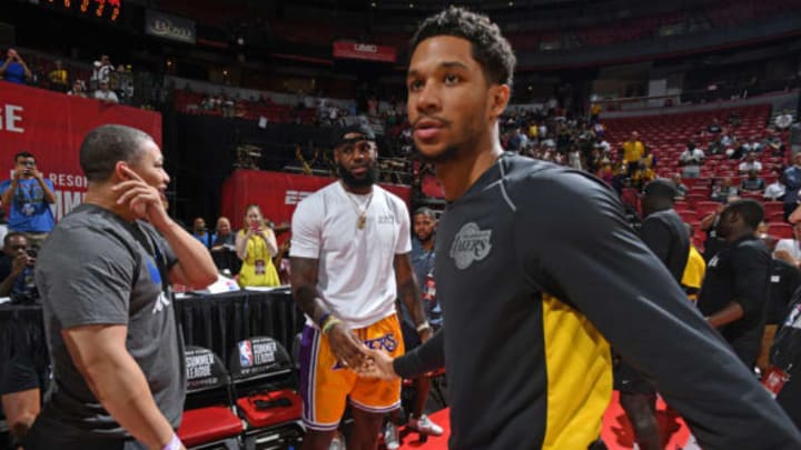 LAS VEGAS, NV – JULY 15: LeBron James and Josh Hart #5 of the Los Angeles Lakers greet each other during the 2018 Las Vegas Summer League on July 15, 2018 at the Thomas & Mack Center in Las Vegas, Nevada. NOTE TO USER: User expressly acknowledges and agrees that, by downloading and/or using this photograph, user is consenting to the terms and conditions of the Getty Images License Agreement. Mandatory Copyright Notice: Copyright 2018 NBAE (Photo by Garrett Ellwood/NBAE via Getty Images)