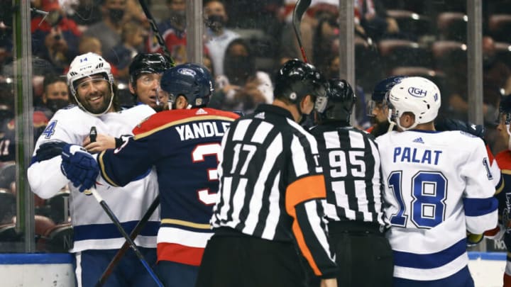 May 8, 2021; Sunrise, Florida, USA; Tampa Bay Lightning left wing Pat Maroon (14) reacts after a push by Florida Panthers defenseman Keith Yandle (3) during the first period at BB&T Center. Mandatory Credit: Sam Navarro-USA TODAY Sports