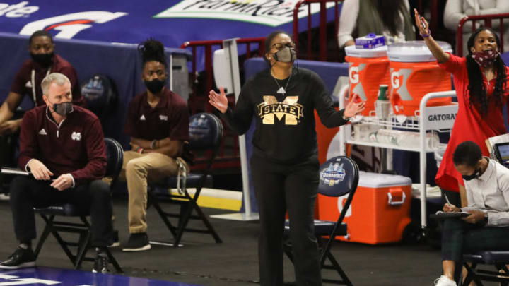 Mar 4, 2021; Greenville, SC, USA; Mississippi State Bulldogs head coach Nikki McCray-Penson reacts during the first half against the LSU Lady Tigers at Bon Secours Wellness Arena. Mandatory Credit: Dawson Powers-USA TODAY Sports
