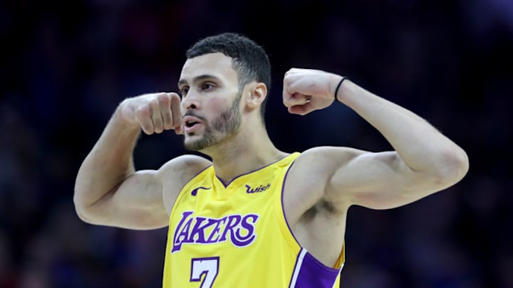 PHILADELPHIA, PA - DECEMBER 7: Larry Nance Jr. #7 of the Los Angeles Lakers celebrates after the Lakers scored against the Philadelphia 76ers in the second half at Wells Fargo Center on December 7, 2017 in Philadelphia,Pennsylvania. NOTE TO USER: User expressly acknowledges and agrees that, by downloading and or using this photograph, User is consenting to the terms and conditions of the Getty Images License Agreement. (Photo by Rob Carr/Getty Images) PHILADELPHIA, PA - DECEMBER 7: Larry Nance Jr. #7 of the Los Angeles Lakers celebrates after the Lakers scored against the Philadelphia 76ers in the second half at Wells Fargo Center on December 7, 2017 in Philadelphia,Pennsylvania. NOTE TO USER: User expressly acknowledges and agrees that, by downloading and or using this photograph, User is consenting to the terms and conditions of the Getty Images License Agreement. (Photo by Rob Carr/Getty Images)