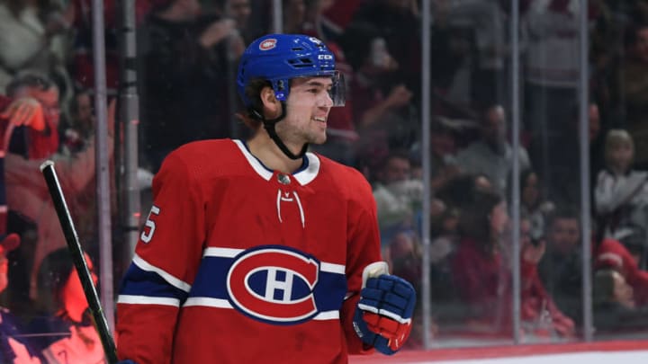 MONTREAL, QC - APRIL 6: Ryan Poehling #25 of the Montreal Canadiens celebrates after scoring a goal against the Toronto Maple Leafs in the NHL game at the Bell Centre on April 6, 2019 in Montreal, Quebec, Canada. (Photo by Francois Lacasse/NHLI via Getty Images)