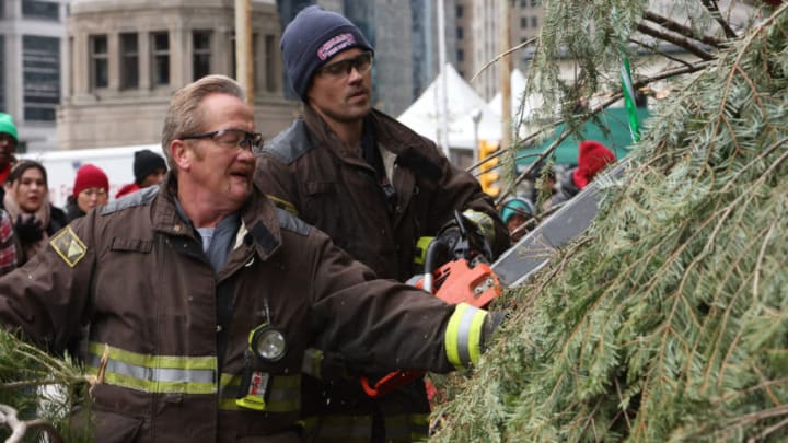 CHICAGO FIRE -- "Winterfest" Episode 1009 -- Pictured: (l-r) Christian Stolte as Mouch, Brett Dalton at Jason Pelham -- (Photo by: Adrian S. Burrows Sr./NBC)