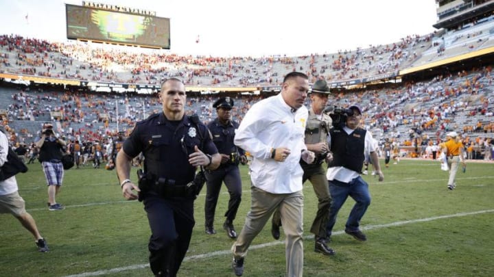 KNOXVILLE, TN - SEPTEMBER 30: Tennessee Volunteers head coach Butch Jones leaves the field after a game against the Georgia Bulldogs at Neyland Stadium on September 30, 2017 in Knoxville, Tennessee. Georgia won 41-0. (Photo by Joe Robbins/Getty Images)