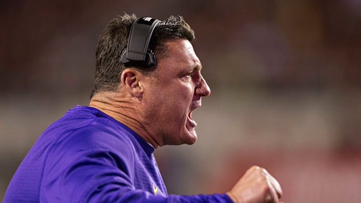 FAYETTEVILLE, AR – NOVEMBER 12: Head Coach Ed Orgeron of the LSU Tigers on the sidelines in the first half of a game against the Arkansas Razorbacks at Razorback Stadium on November 12, 2016 in Fayetteville, Arkansas. (Photo by Wesley Hitt/Getty Images)