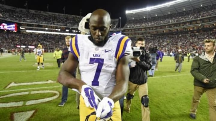 Nov 7, 2015; Tuscaloosa, AL, USA; LSU Tigers running back Leonard Fournette (7) walks off the field after the game against the Alabama Crimson Tide at Bryant-Denny Stadium. Alabama won 30-16. Mandatory Credit: John David Mercer-USA TODAY Sports