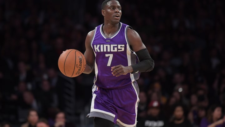 Feb 14, 2017; Los Angeles, CA, USA; Sacramento Kings guard Darren Collison (7) dribbles the ball against the Los Angeles Lakers during a NBA basketball game at Staples Center. The Kings defeated the Lakers 97-96. Mandatory Credit: Kirby Lee-USA TODAY Sports
