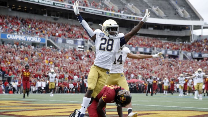 ORLANDO, FL – DECEMBER 28: TaRiq Bracy #28 of the Notre Dame Fighting Irish celebrates after breaking up a pass in the end zone during the Camping World Bowl against the Iowa State Cyclones at Camping World Stadium on December 28, 2019 in Orlando, Florida. Notre Dame defeated Iowa State 33-9. (Photo by Joe Robbins/Getty Images)