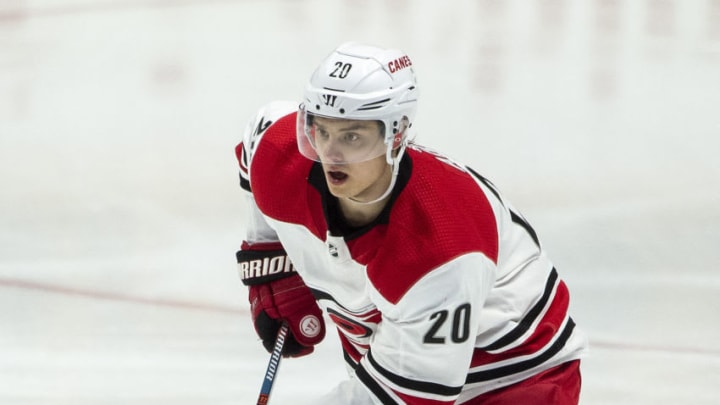 NASHVILLE, TN - MARCH 9: Sebastian Aho #20 of the Carolina Hurricanes skates against the Nashville Predators at Bridgestone Arena on March 9, 2019 in Nashville, Tennessee. (Photo by Ronald C. Modra/NHL/Getty Images)