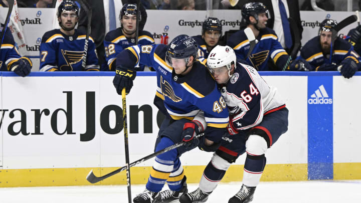 Sep 26, 2023; St. Louis, Missouri, USA; Columbus Blue Jackets right wing Trey Fix-Wolansky (64) battles St. Louis Blues defenseman Scott Perunovich (48) during the third period at Enterprise Center. Mandatory Credit: Jeff Le-USA TODAY Sports