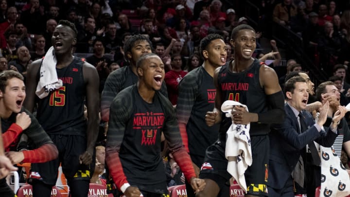 Jan 4, 2020; College Park, Maryland, USA; Maryland Terrapins bench reacts during the second half against the Indiana Hoosiers at XFINITY Center. Mandatory Credit: Tommy Gilligan-USA TODAY Sports