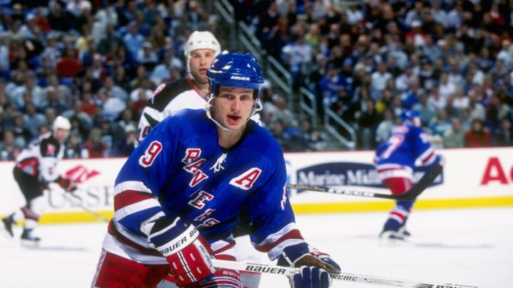 28 Nov 1997: Adam Graves #9 of the New York Rangers in action during the Rangers 3-3 tie with the Buffalo Sabres at Marine Midland Arena in Buffalo, New York. Mandatory Credit: Rick Stewart /Allsport