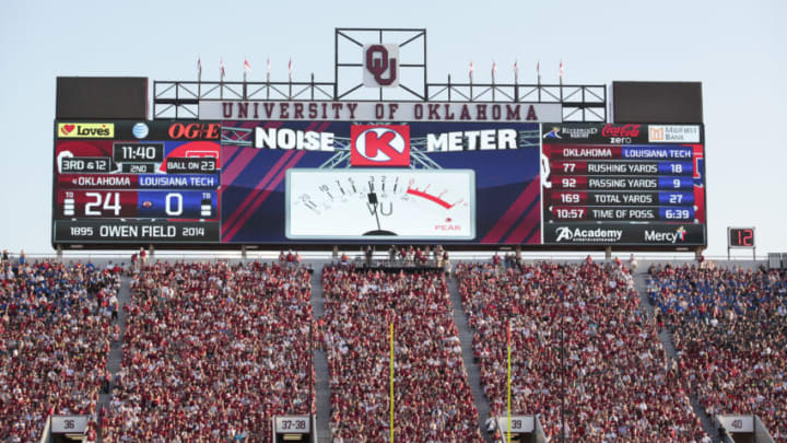 NORMAN, OK - AUGUST 30: A general view of the scoreboard during the Oklahoma Sooners vs. Louisiana Tech Bulldogs game August 30, 2014 at Gaylord Family-Oklahoma Memorial Stadium in Norman, Oklahoma. The Sooners defeated the Bulldogs 48-16. (Photo by Brett Deering/Getty Images)
