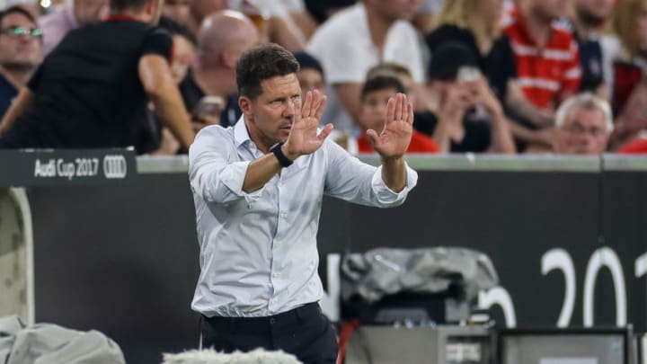 MUNICH, GERMANY - AUGUST 02: Diego Simeone of Atletico Madrid gestures during the Audi Cup 2017 match between Liverpool FC and Atletico Madrid at Allianz Arena on August 2, 2017 in Munich, Germany. (Photo by TF-Images/TF-Images via Getty Images)