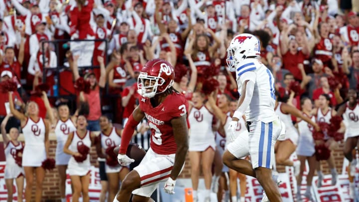 Oklahoma’s Jalil Farooq (3) scores a touchdown in front of SMU’s Jake Bailey (12) in the second half of the college football game between the University of Oklahoma Sooners and the Southern Methodist University Mustangs at the Gaylord Family Oklahoma Memorial Stadium in Norman, Okla., Saturday, Sept. 9, 2023.