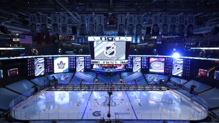 TORONTO, ONTARIO - JULY 28: A view of the ice before the Toronto Maple Leafs and the Montreal Canadiens begin the second period during an exhibition game prior to the 2020 NHL Stanley Cup Playoffs at Scotiabank Arena on July 28, 2020 in Toronto, Ontario. (Photo by Andre Ringuette/Freestyle Photo/Getty Images)