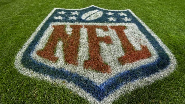 CHICAGO, IL - SEPTEMBER 17: A detailed view of a NFL Shield crest logo is seen painted on the field in game action during an NFL game between the Chicago Bears and the Seattle Seahawks on September 17, 2018 at Soldier Field in Chicago, Illinois. (Photo by Robin Alam/Icon Sportswire via Getty Images)