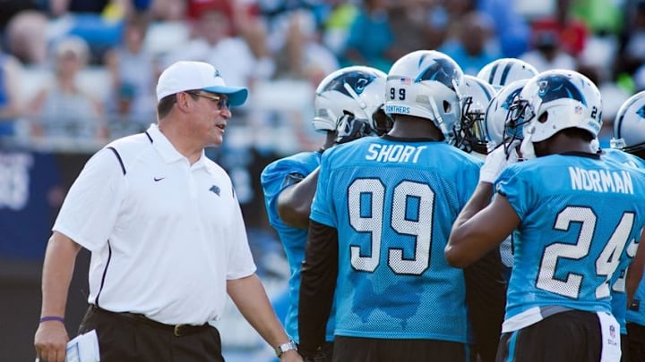 Jul 31, 2015; Spartanburg, SC, USA; Carolina Panthers head coach Ron Rivera talks with the defense during training camp held at Wofford College. Mandatory Credit: Jeremy Brevard-USA TODAY Sports