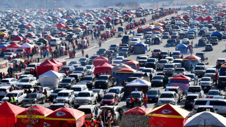 KANSAS CITY, MISSOURI - JANUARY 19: Fans tailgate outside the stadium before the AFC Championship Game between the Kansas City Chiefs and the Tennessee Titans at Arrowhead Stadium on January 19, 2020 in Kansas City, Missouri. (Photo by Peter Aiken/Getty Images)