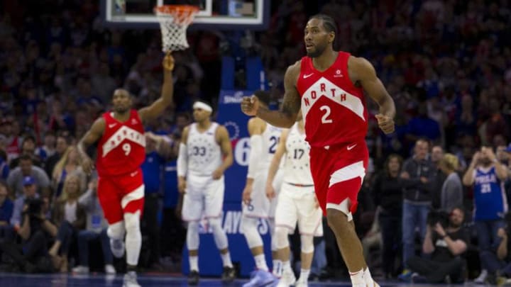Kawhi Leonard #2 of the Toronto Raptors reacts after making a three point basket against the Philadelphia 76ers in the fourth quarter of Game Four of the Eastern Conference Semifinals. (Photo by Mitchell Leff/Getty Images)