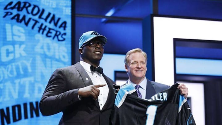 Apr 28, 2016; Chicago, IL, USA; Vernon Butler (Louisiana Tech) with NFL commissioner Roger Goodell after being selected by the Carolina Panthers as the number thirty overall pick in the first round of the 2016 NFL Draft at Auditorium Theatre. Mandatory Credit: Kamil Krzaczynski-USA TODAY Sports