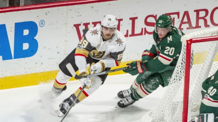 ST. PAUL, MN - NOVEMBER 30: Alex Tuch #89 of the Vegas Golden Knights skates with the puck while Ryan Suter #20 of the Minnesota Wild defends during the game at the Xcel Energy Center on November 30, 2017 in St. Paul, Minnesota. (Photo by Bruce Kluckhohn/NHLI via Getty Images)