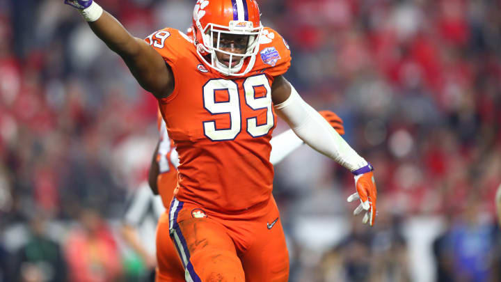 December 31, 2016; Glendale, AZ, USA; Clemson Tigers defensive end Clelin Ferrell (99) celebrates a play against the Ohio State Buckeyes in the 2016 CFP semifinal at University of Phoenix Stadium. Mandatory Credit: Mark J. Rebilas-USA TODAY Sports