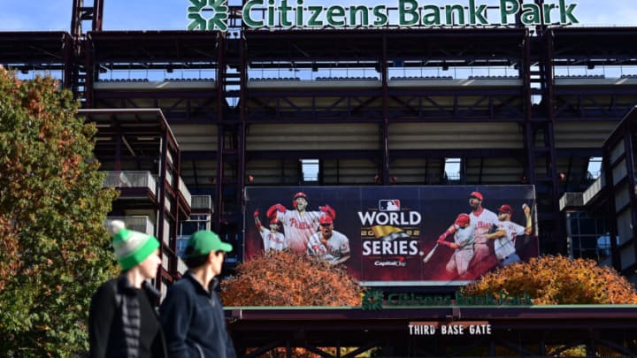 PHILADELPHIA, PA - OCTOBER 30: Eagles fans walk past a World Series banner at Citizens Bank Park between the Philadelphia Phillies and Houston Astros with game 3 tomorrow on October 30, 2022 in Philadelphia, Pennsylvania. Wearing a jersey with his last name, Democratic candidate for Governor Josh Shapiro tailgated with supporters across the street before attending the game between the Philadelphia Eagles and Pittsburgh Steelers . (Photo by Mark Makela/Getty Images)