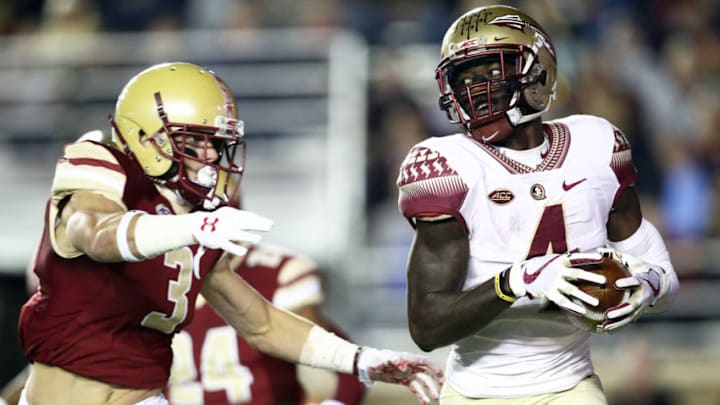 CHESTNUT HILL, MA - OCTOBER 27: Michael Walker #3 of the Boston College Eagles defends Khalan Laborn #4 of the Florida State Seminoles during the first quarter at Alumni Stadium on October 27, 2017 in Chestnut Hill, Massachusetts. (Photo by Maddie Meyer/Getty Images)
