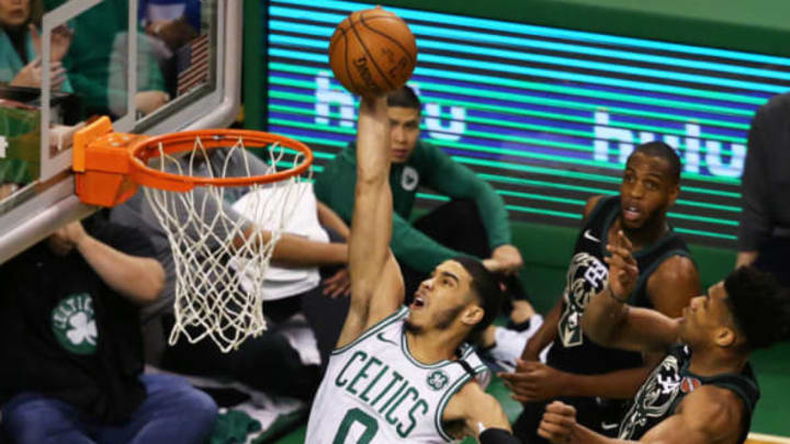 BOSTON, MA – APRIL 15: Jayson Tatum #0 of the Boston Celtics takes a shot against Giannis Antetokounmpo #34 of the Milwaukee Bucks during the first quarter of Game One of Round One of the 2018 NBA Playoffs during at TD Garden on April 15, 2018 in Boston, Massachusetts. (Photo by Maddie Meyer/Getty Images)