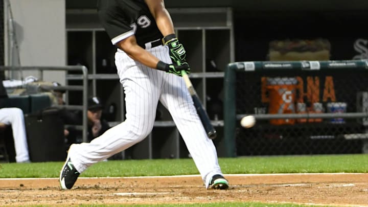 CHICAGO, IL – MAY 18: Jose Abreu #79 of the Chicago White Sox hits an RBI double against the Texas Rangers during the first inning on May 18, 2018 at Guaranteed Rate Field in Chicago, Illinois. (Photo by David Banks/Getty Images)