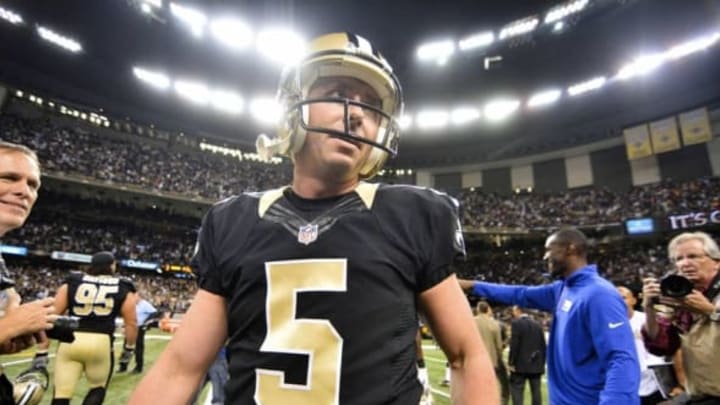 Nov 1, 2015; New Orleans, LA, USA;New Orleans Saints kicker Kai Forbath (5) walks off the field after kicking the winning field goal against the New York Giants at the Mercedes-Benz Superdome. New Orleans won 52-49. Mandatory Credit: Matt Bush-USA TODAY Sports