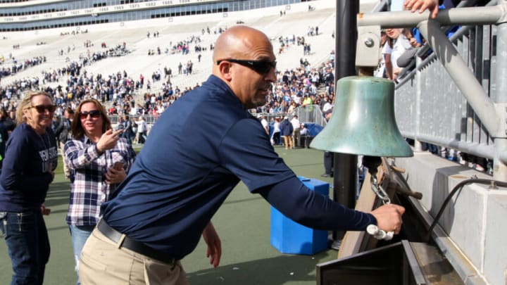 Apr 21, 2018; University Park, PA, USA; Penn State Nittany Lions head coach James Franklin rings the victory bell after the conclusion of the Blue White spring game at Beaver Stadium. The Blue team defeated the White team 21-10. Mandatory Credit: Matthew O'Haren-USA TODAY Sports