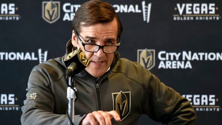 LAS VEGAS, NEVADA - MAY 02: Vegas Golden Knights President of Hockey Operations George McPhee speaks at a news conference announcing Kelly McCrimmon's promotion to general manager at City National Arena on May 02, 2019 in Las Vegas, Nevada. (Photo by David Becker/NHLI via Getty Images)